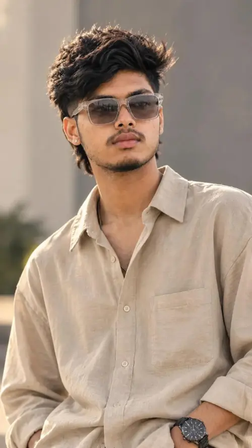 Young Man in Beige Shirt with Clear Sunglasses — AI Photo Editing Prompt on Faymas
