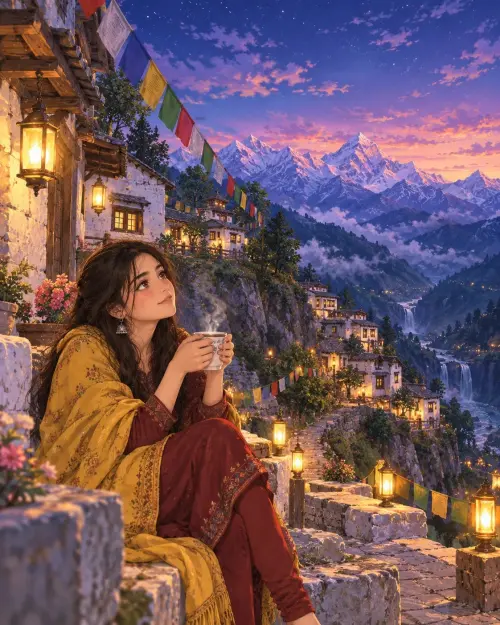Ghibli Style Pahadi Shaam | Chai, Lanterns & Snow Peaks 🏔️☕ — AI Photo Editing Prompt on Faymas