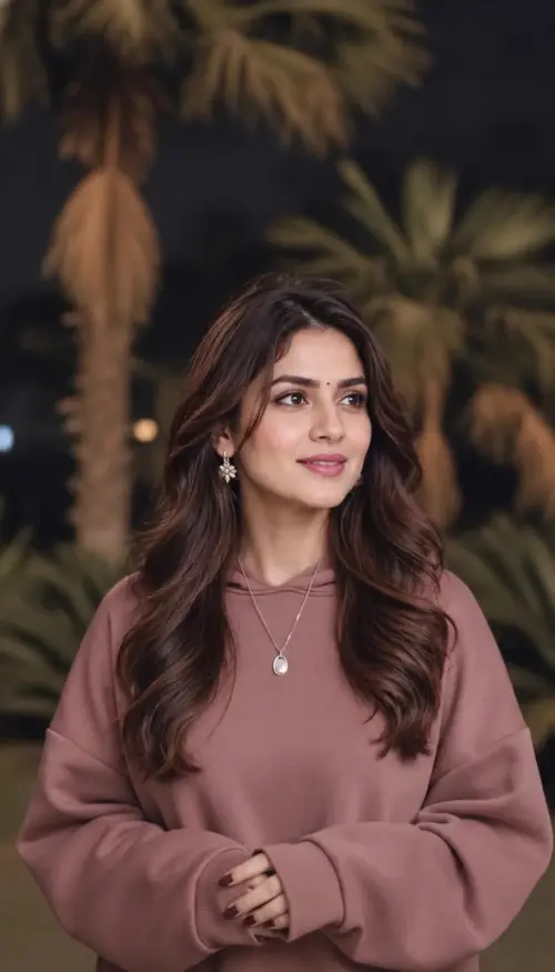 Mrunal Thakur Inspired Portrait | Elegant Indian Beauty in a Mauve Hoodie — AI Photo Editing Prompt on Faymas