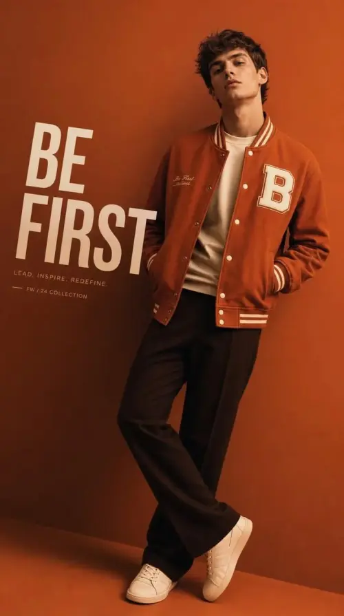 High-Fashion Studio Editorial Portrait of Young Man in Rust-Orange Varsity Bomber Jacket and Dark Trousers on Terracotta — AI Photo Editing Prompt on Faymas
