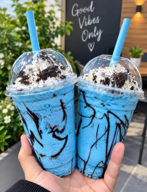 Blue Velvet Bliss – Chocolate Cookie Frappes — AI Photo Editing Prompt on Faymas