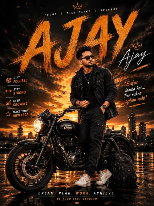 “AJAY – Safar Lamba Hai, Par Rukna Option Nahi!” 🖤🏍️ — AI Photo Editing Prompt on Faymas