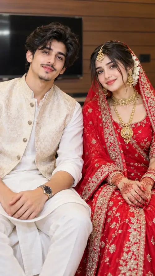 Beautiful Traditional Couple Portrait in Red Bridal Outfit & Cream Nehru Jacket ❤️✨ — AI Photo Editing Prompt on Faymas