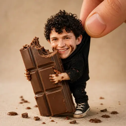 Cute Collectible Tom Holland Doll Holding Giant KitKat | Hyper-Realistic AI Prompt — AI Photo Editing Prompt on Faymas