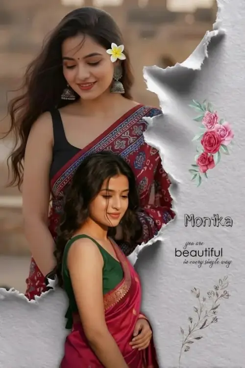 Festive Double Portrait Scrapbook Poster of Indian Woman in Saree — AI Photo Editing Prompt on Faymas