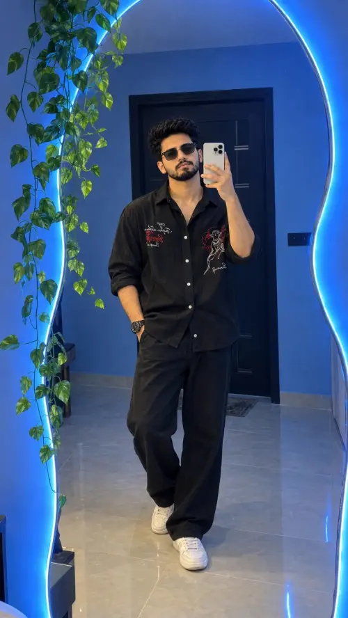 Blue LED Mirror Selfie | Realistic AI Fashion Portrait — AI Photo Editing Prompt on Faymas