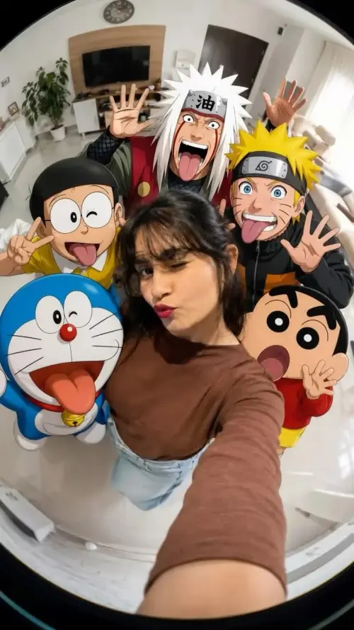 Anime Squad Selfie – Real Girl Meets Cartoon Legends 📸🔥 — AI Photo Editing Prompt on Faymas