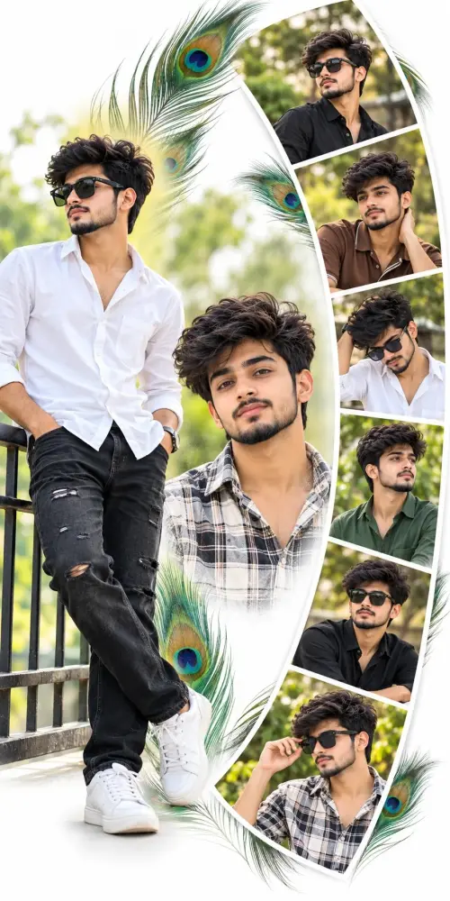 Stylish Boy Photo Collage Editing 🔥 | Indian Men Aesthetic Portrait & Peacock Feather Design — AI Photo Editing Prompt on Faymas