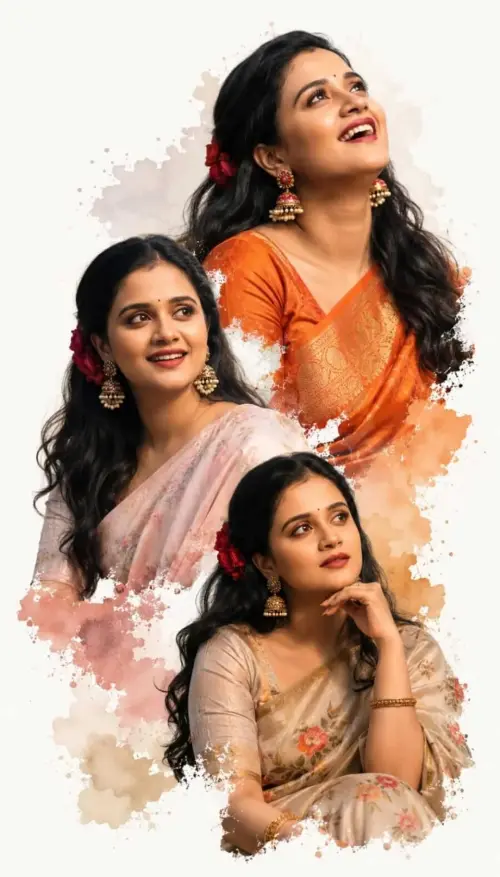 Elegant Saree Paint Splash Collage Portrait With Joyful Ethnic Grace — AI Photo Editing Prompt on Faymas