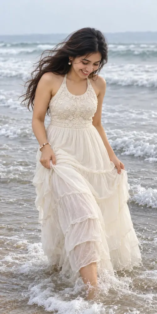 Dreamy Beach Aesthetic 🌊🤍 | White Maxi Dress & Candid Girl Photography — AI Photo Editing Prompt on Faymas