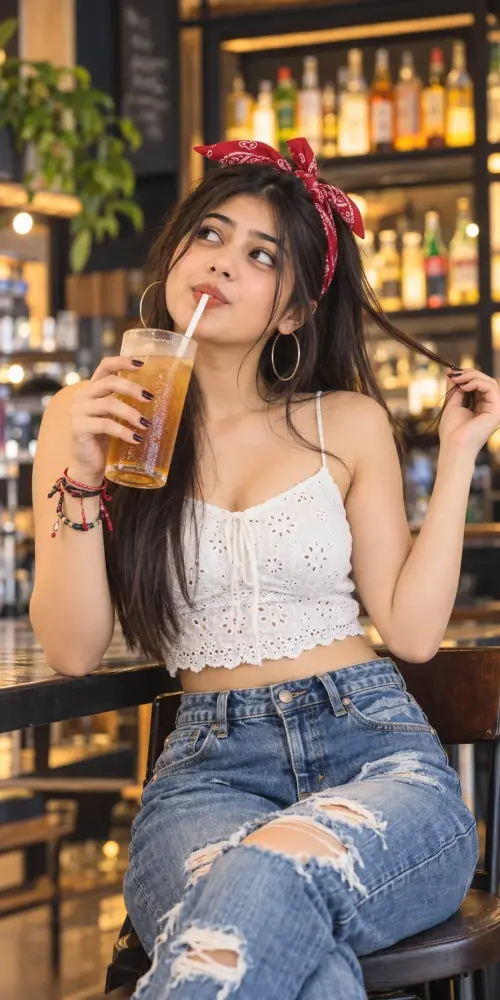 Red Bandana Girl Aesthetic ❤️ | Vintage Café Portrait Ideas — AI Photo Editing Prompt on Faymas