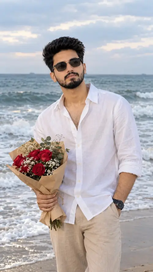 Romantic Beach Portrait with Flowers | Ultra Realistic AI Photo — AI Photo Editing Prompt on Faymas