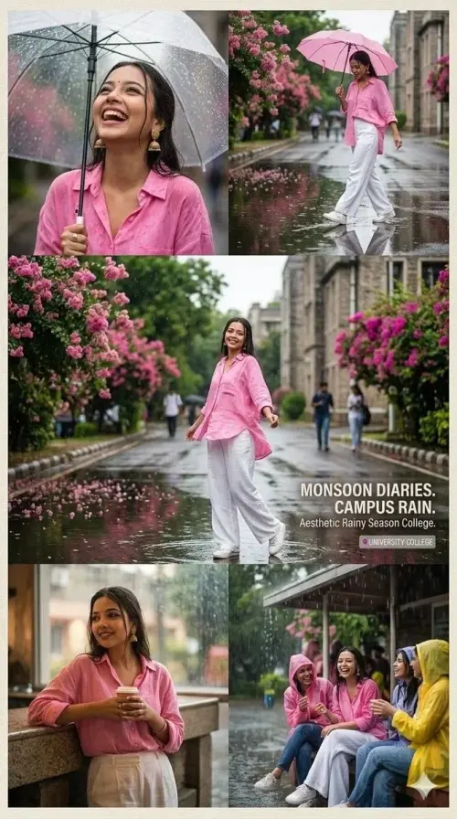 Aesthetic Rainy Season College Portrait Collage of a Stylish Young Woman in a Pink Generate a social media creative prom — AI Photo Editing Prompt on Faymas