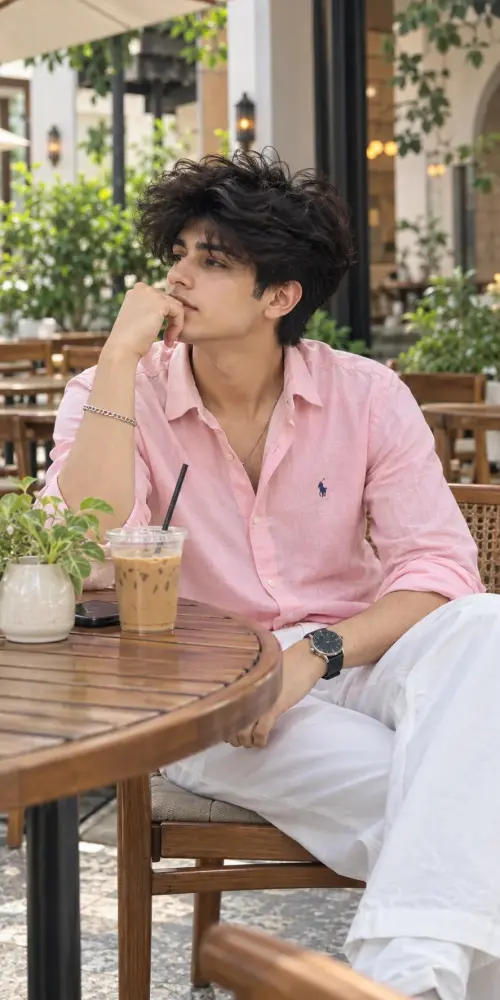 Pink Shirt Aesthetic Boy ☕ | Korean Cafe Fashion & Soft Boy Outfit Ideas — AI Photo Editing Prompt on Faymas