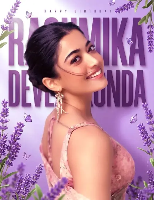 Celebratory Editorial Birthday Poster Portrait of Smiling Young South Asian Woman in Dusty Pink Blouse with Lavender Flo — AI Photo Editing Prompt on Faymas