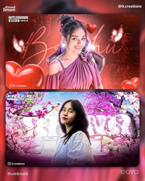 Dual-Panel Romantic Gaming Streamer Thumbnail Collage Featuring Two South Asian Female Streamers in Lavender-Red Fantasy — AI Photo Editing Prompt on Faymas