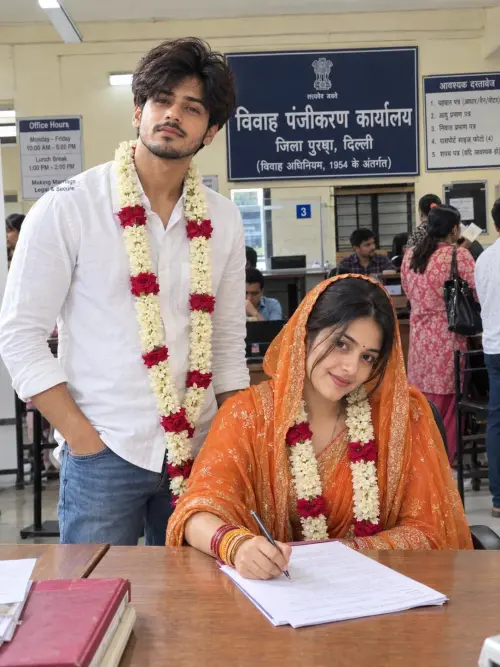 Newly Married Indian Couple Signing Marriage Registration Papers — AI Photo Editing Prompt on Faymas