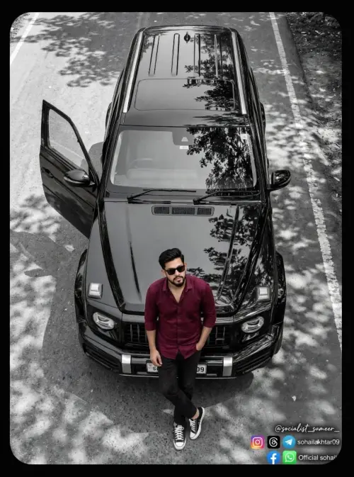 Black SUV Top-Down Portrait, Maroon Shirt Selective Color — AI Photo Editing Prompt on Faymas