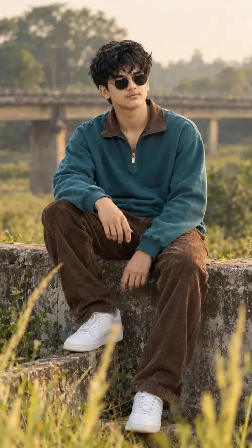Young Man Sitting on Stone Wall in Teal Sweatshirt — AI Photo Editing Prompt on Faymas