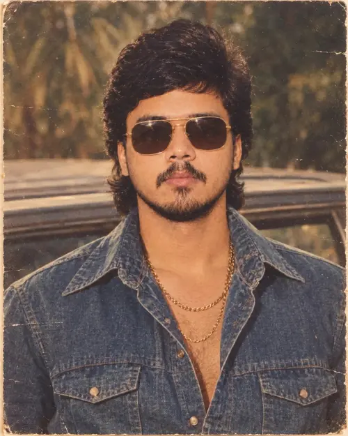 1980s Vintage Denim Icon — Retro Indian Cinema — AI Photo Editing Prompt on Faymas