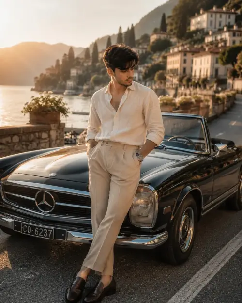 Old Money European Luxury Travel AI Prompt | Vintage Convertible Editorial Portrait — AI Photo Editing Prompt on Faymas