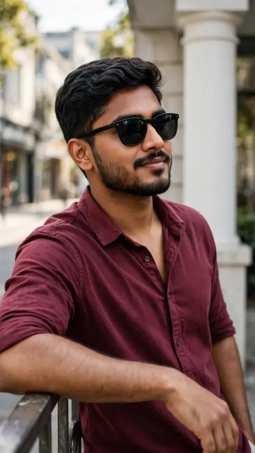 Cool Urban Portrait - Man in Maroon Shirt with Sunglasses — AI Photo Editing Prompt on Faymas