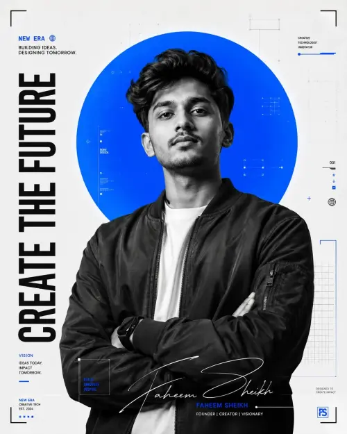 Create the Future Editorial Portrait AI Prompt | Ultra-Realistic Black & White Tech Poster with Blue Halo — AI Photo Editing Prompt on Faymas