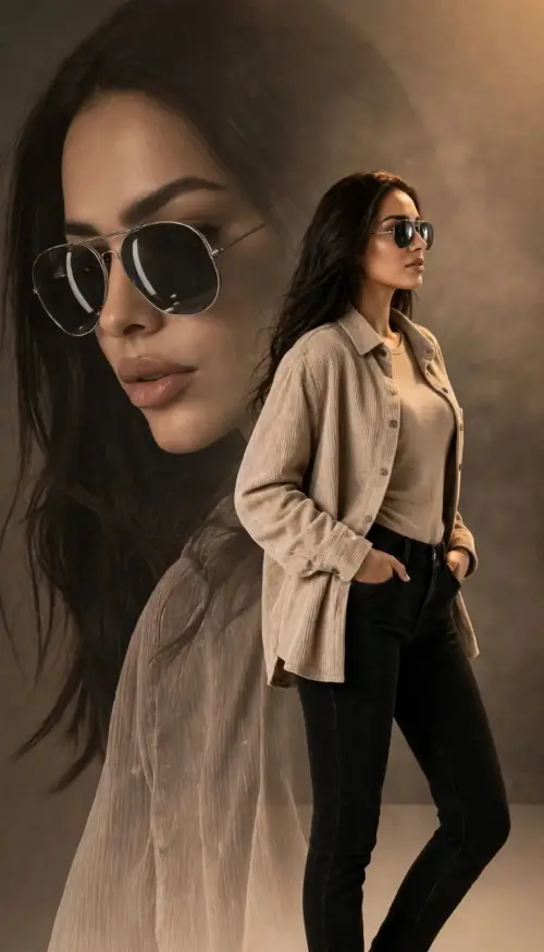 Double Exposure Fashion Portrait - Sunglasses Muse — AI Photo Editing Prompt on Faymas