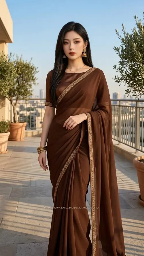 Brown Saree Rooftop Portrait — AI Photo Editing Prompt on Faymas