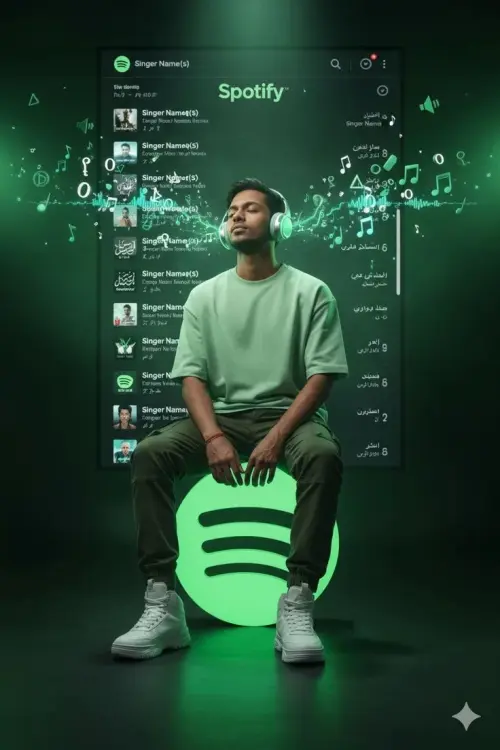 Conceptual Music Streaming Portrait of Young South Asian Man with Headphones Seated on Glowing Neon Green Spotify Icon — AI Photo Editing Prompt on Faymas