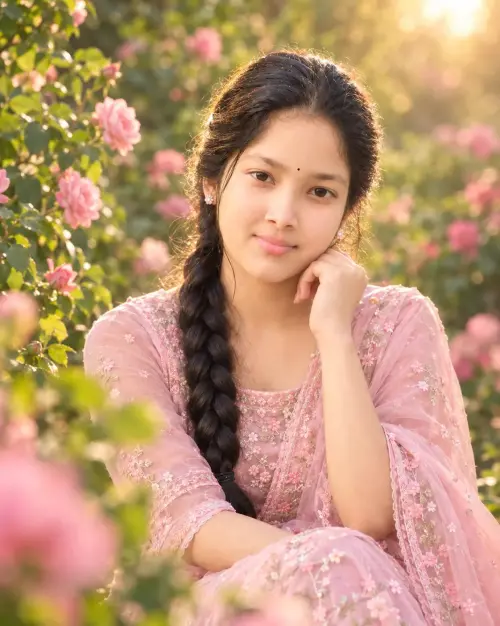 🌸 Golden Glow Beauty ✨ | গোলাপি পোশাকে অপরূপ সুন্দরী 💗 | Dreamy Garden Portrait — AI Photo Editing Prompt on Faymas
