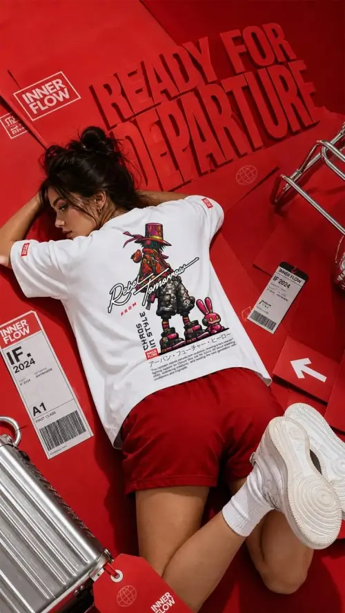 Overhead Fashion Editorial Portrait of Young Woman Lying Prone in White Graphic Tee and Red Shorts on Monochromatic Crim — AI Photo Editing Prompt on Faymas