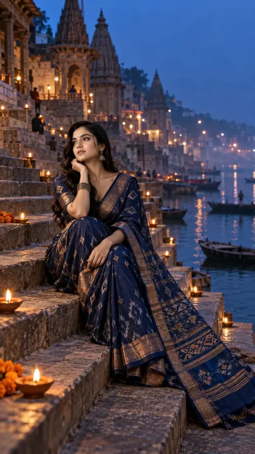 The Blue Hour Ghat — Indigo Heritage Portrait — AI Photo Editing Prompt on Faymas
