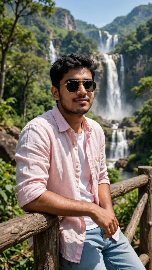 Waterfall Travel Portrait - Pink Shirt Man with Sunglasses — AI Photo Editing Prompt on Faymas