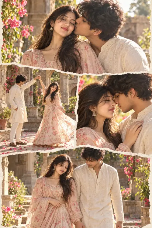 ETERNAL ROMANCE 🌸 | A LOVE STORY WRITTEN IN SUNLIGHT ✨  “Between the blush of roses and the warmth of his embrace, two — AI Photo Editing Prompt on Faymas