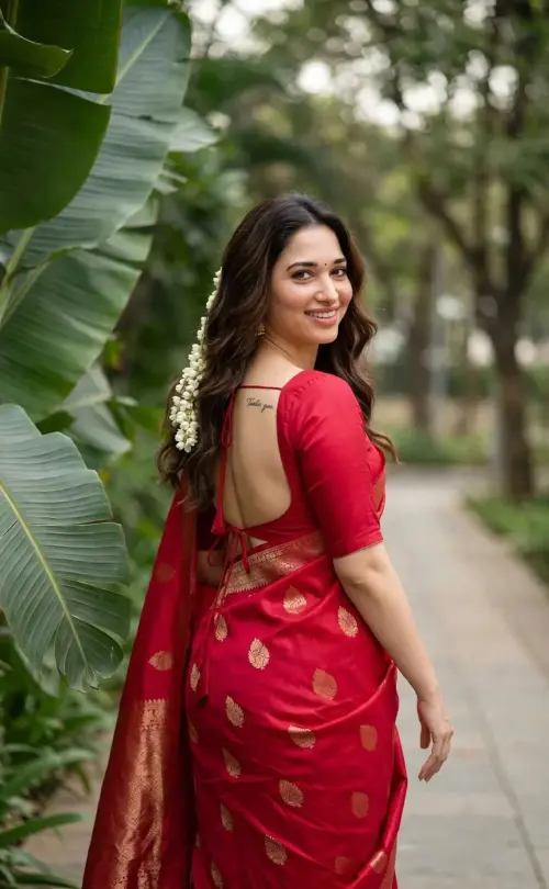 Red Saree Traditional Garden Portrait — AI Photo Editing Prompt on Faymas