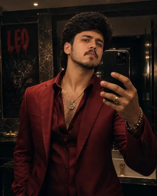 Dark Luxury Mirror Selfie – Burgundy Boss Look — AI Photo Editing Prompt on Faymas