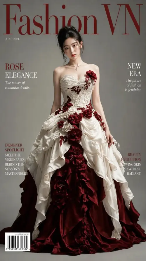 Fashion VN Magazine Cover Editorial magazine cover prompt with exact reference face, ivory burgundy ruffled dress, raw p — AI Photo Editing Prompt on Faymas