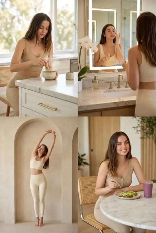 A curated series of four ultra-photorealistic vignettes showcasing a luxurious, wellness-focused lifestyle — AI Photo Editing Prompt on Faymas