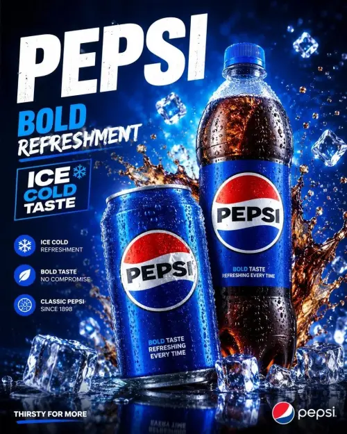 Premium Pepsi Drinks Packaging Advertisement Poster with a Bold, Refreshing, Create a premium Pepsi drinks packaging adv — AI Photo Editing Prompt on Faymas