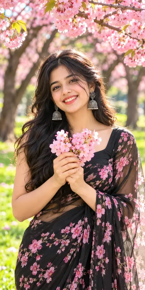 Cherry Blossom Aesthetic 🌸 | Pink Spring Vibes & Elegant Black Floral Saree — AI Photo Editing Prompt on Faymas