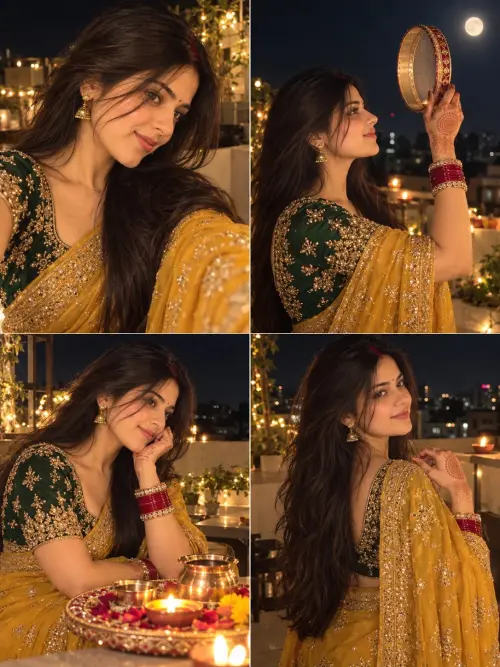 Karwa Chauth Special Look ❤️ Mustard Yellow Saree & Green Blouse | Indian Festive Portrait — AI Photo Editing Prompt on Faymas