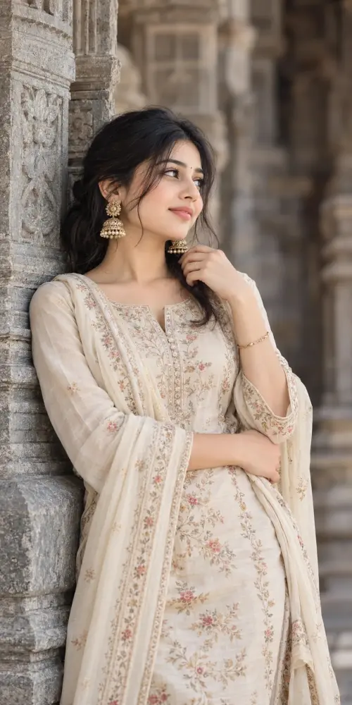 Elegant Indian Girl in Cream Ethnic Outfit 🤍 | Traditional Desi Fashion Aesthetic — AI Photo Editing Prompt on Faymas