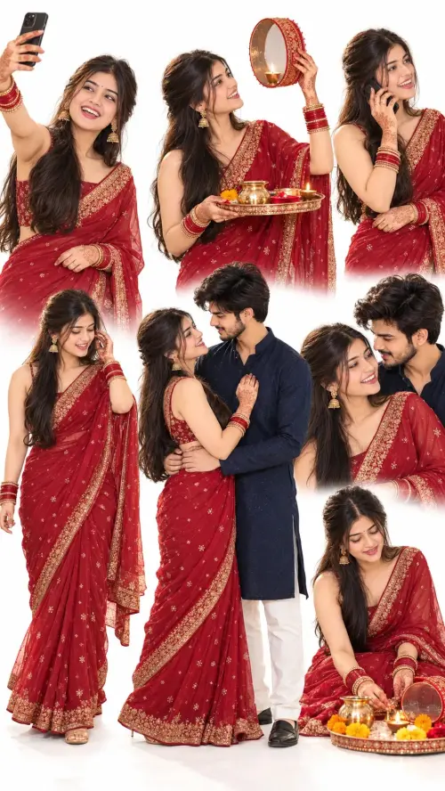 Karwa Chauth Couple Lookbook AI Photo Prompt | 7 Poses Collage ❤️ — AI Photo Editing Prompt on Faymas