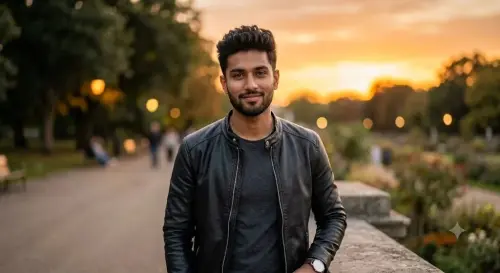 handsome young man in his early 20s, wearing a modern black leather jacket — AI Photo Editing Prompt on Faymas
