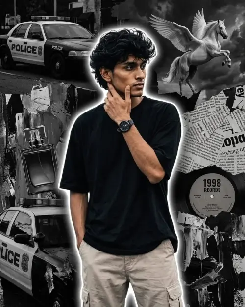 Dark Aesthetic Boy – Black & White Surreal Collage 🖤 — AI Photo Editing Prompt on Faymas