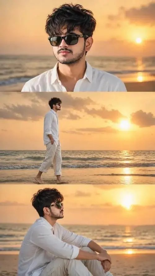 Golden Hour Beach – Cinematic Sunset Triptych 🌅 — AI Photo Editing Prompt on Faymas