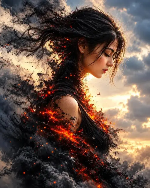 **Prompt: Ethereal Fire & Shadow — 8K Cinematic Fantasy Portrait** — AI Photo Editing Prompt on Faymas