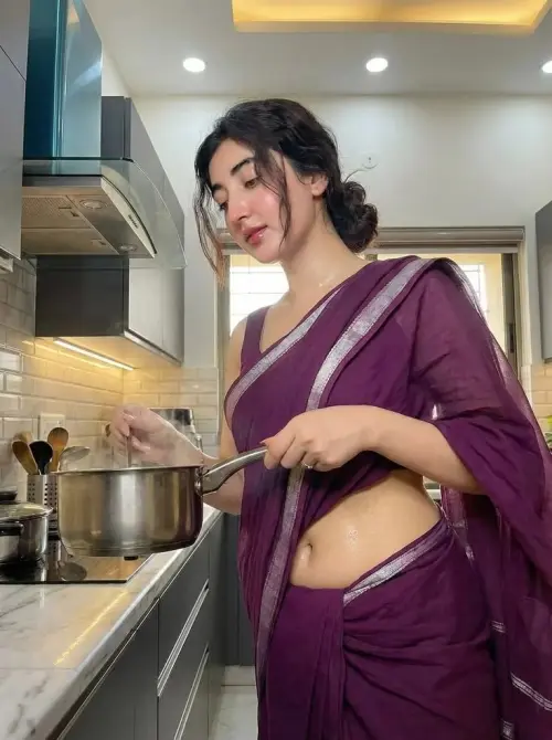 Elegant Purple Saree Cooking Moment | Natural Indian Kitchen Portrait — AI Photo Editing Prompt on Faymas