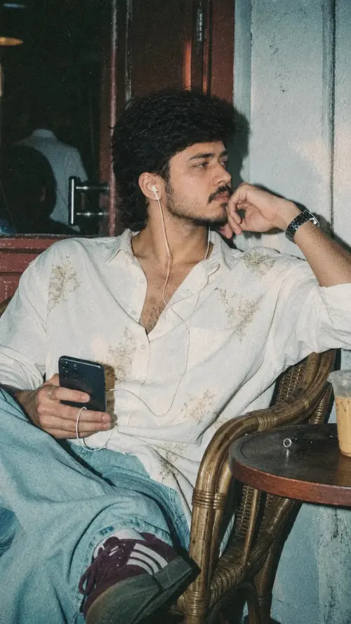 Vintage Café Mood – Relaxed Side Profile — AI Photo Editing Prompt on Faymas
